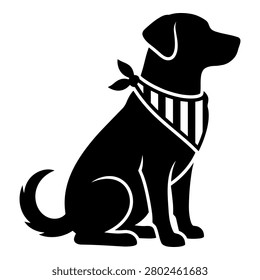 Vector silhouette of cute labrador retriever dog sitting wearing decorative striped neck bandana.