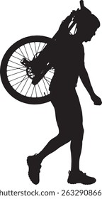 vector; silhouette cyclist carrying the bike on his shoulder