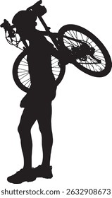 vetor; ciclista de silhueta carregando a bicicleta no ombro