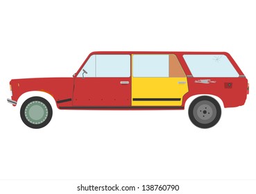 Vector Silhouette Of Damaged Station Wagon Car.