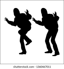 Vector silhouette of a dancing slim girl in two poses movements in demi-season jeans, a jacket with a hood, full-length sneakers, clap hands and stomp, outdoor dance, fun scare, fooling around