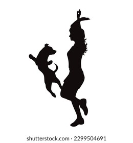 Vector silhouette of dancing woman with her happy dog on white background. Symbol of pet and canine.