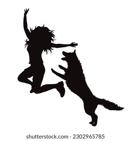 Vector silhouette of dancing woman with her happy dog on white background. Symbol of pet and canine.