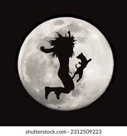 Vector silhouette of dancing woman with her happy dog on moon background. Symbol of pet and canine.