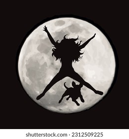 Vector silhouette of dancing woman with her happy dog on moon background. Symbol of pet and canine.