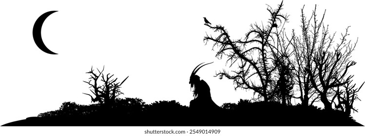 Vector Silhouette - Dark creature with horns sits between gnarled trees with moon - Mythology and Culture - Beings of the past and belief in ancient gods