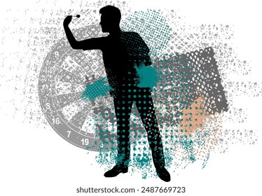 Vector Silhouette Dart - El jugador de dardos apunta con dardo - Abstractas ilustración de diseño grunge con Elementos - Plantilla -