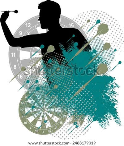 Vector Silhouette Dart - Dart player aims with dart  Abstract grunge design illustration with elements - Template - Tournament - Dart Steel Darts