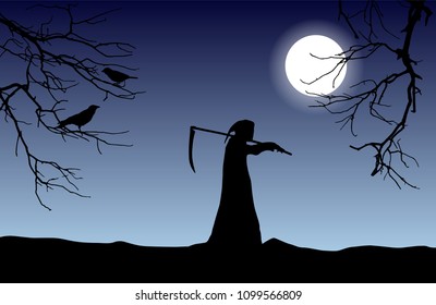 Vector silhouette of death in a hood holding a scythe over shoulder with dead tree branches and crows in front of glowing moon.