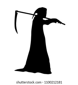 Vector silhouette of death in a hood holding a scythe over shoulder.