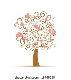 Vector silhouette of a decorative tree with hearts