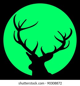 Vector silhouette of deer with antlers against moon on black sky - vector illustration. Avatar.