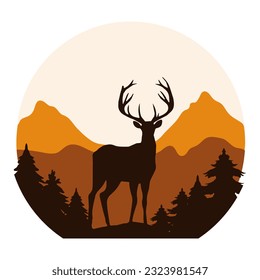 Vector silhouette of a deer in black on a background of brown mountains and forest