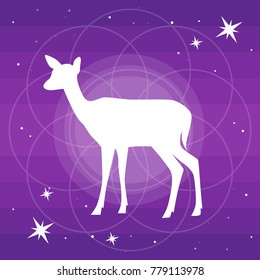 Vector silhouette of deer or doe flat Illustration on a  gradient purple backgroud with constellation of stars and soft light around mandala. Mystic, astrology, magic concept