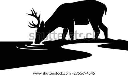 Vector silhouette deer drinking water from river illustration
