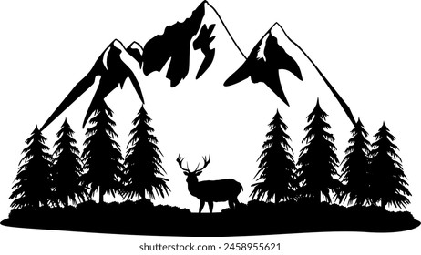 Vector silhouette deer in forest with mountains - offline in nature - adventure hiking in the woods and mountains - wilderness camping