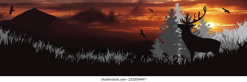Vector silhouette of deer in forest on sunset background. Symbol of nature and park. svg