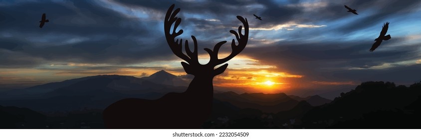 Vector silhouette of deer in forest on sunset background. Symbol of nature and park. svg