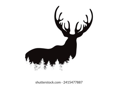 Vector silhouette of deer with forest on white background. Symbol of wild animal and nature.