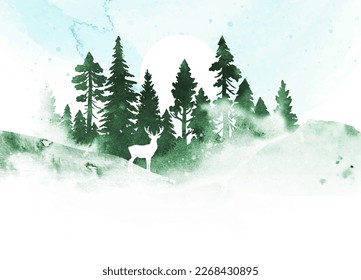 Silueta vectorial de ciervo y bosque. Paisaje vectorial acuarela con bosque conífero, sol, animal bajo cielo azul. Plantilla de la naturaleza para afiches, postales, banners