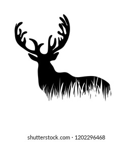 Vector silhouette of deer in the grass on white background.