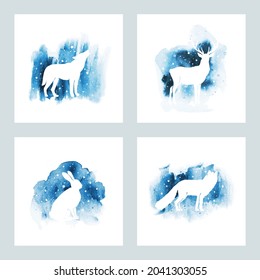 Vector silhouette of deer, hare, fox, wolf. Watercolor winter illustrations with isolated animals and watercolor stains. Watercolor Christmas designs for posters, banners, postcards, prints