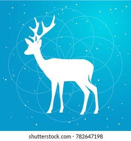 Vector silhouette of deer with horns  flat Illustration on a gradient sky blue backgroud with constellation of stars and soft light around mandala. Used for logo, icon or templates for web