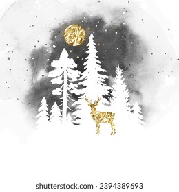 Vector silhouette of deer, moon and coniferous forest. Watercolor vector landscape with animal under night sky. Christmas template in gray and golden colors with place for text