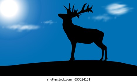 Vector silhouette of deer in nature.