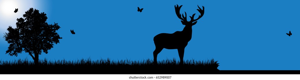 Vector silhouette of deer in nature at sunny day.