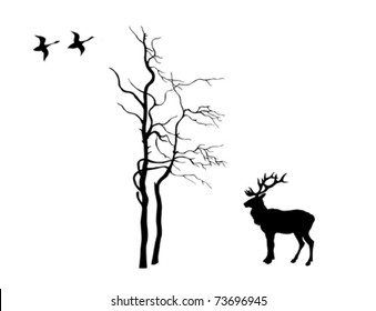 vector silhouette deer near tree on white background