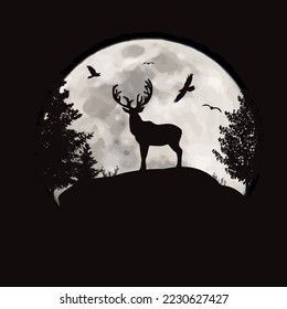 Vector silhouette of a deer on a hill on the background of the moon. Symbol of night and wild animal.