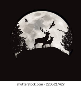 Vector silhouette of a deer on a hill on the background of the moon. Symbol of night and wild animal.