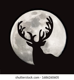 Vector silhouette of deer on moon background. Symbol of night.