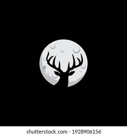 Vector silhouette of deer on moon background. Symbol of night.
