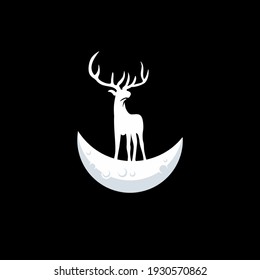 Vector silhouette of deer on moon background. Symbol of night.