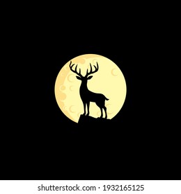 Vector silhouette of deer on moon background. Symbol of night.