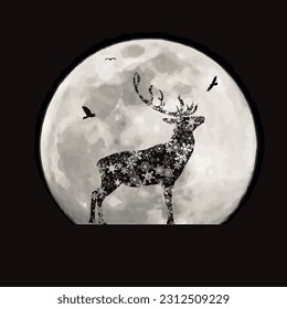Vector silhouette of deer on moon background. Symbol of winter and animal.