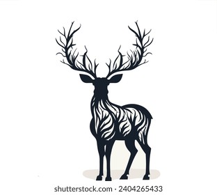 Vector silhouette of a deer on a white background with the design of the body of a vein or a branch with a beautiful, attractive and stunning design.