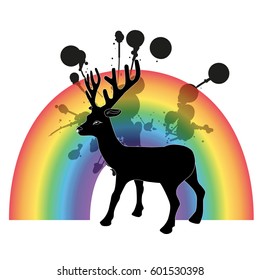 Vector silhouette of deer with rainbow and splashes