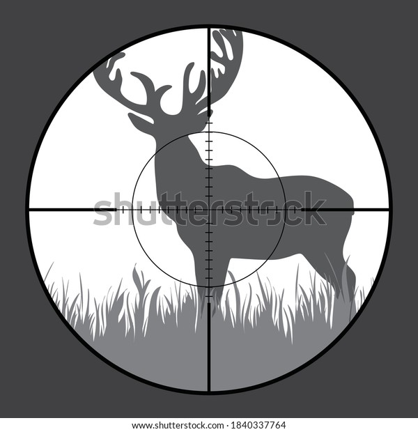Vector silhouette of deer in rifle sight\
while hunting. The hunter watches his\
victim.
