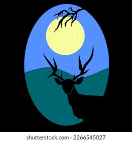 Vector silhouette of deer under moonlight