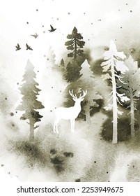 Vector silhouette of a deer. Watercolor foggy landscape with isolated animal, birds and trees. Nature illustration with watercolor vector splashe for poster, book, banner