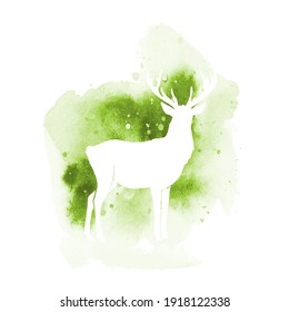 Vector silhouette of deer. Watercolor print with isolated animal in green colors. White deer vector illustration and splash. Design of a t-shirt, postcard,  poster, bag