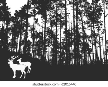 vector silhouette of the deers in thick wood