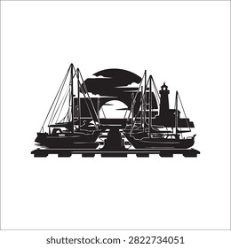 Vector silhouette depicting tranquil harbor scene with sailboats at pier during sunset. Iconic lighthouse silhouette stands in background under cloudy sky, enhancing coastal charm. High quality design for travel inspiration, marine themes, and elegant graphic projects focused on nautical life.