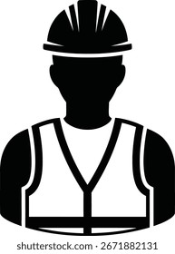 Una silueta de Vector representa a un trabajador de la construcción con un casco y un chaleco de seguridad, aislado contra un fondo blanco. Esta ilustración gráfica es ideal para transmitir temas de seguridad, construcción