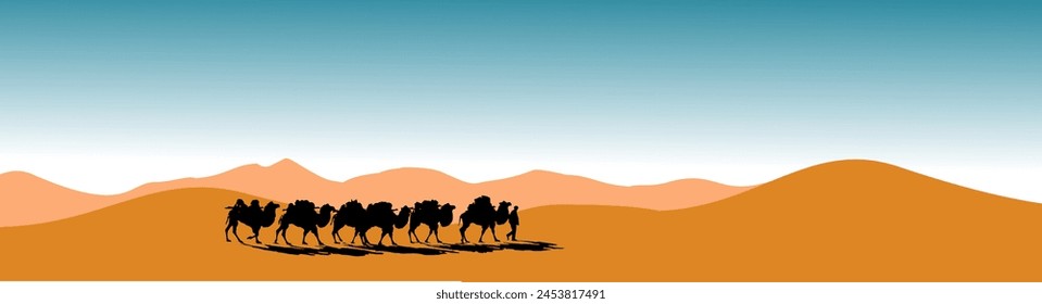 Vector silhouette - Desert with caravan - Guide and camels - Desert landscape with sand and dunes