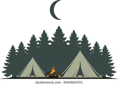 Vector silhouette design element - camping with campfire in the forest - tent in nature - romance