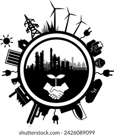 Elemento de diseño de silueta vectorial - Sostenibilidad global - Mezcla energética - Energía renovable - Industria